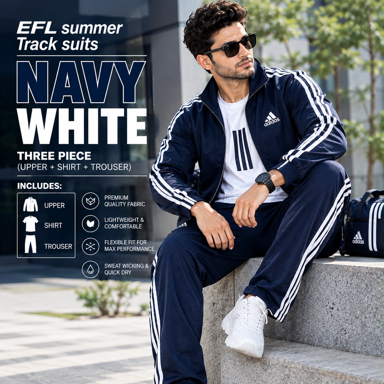 EFL Premium – 3 pc strips blue n white All season track suit (men)