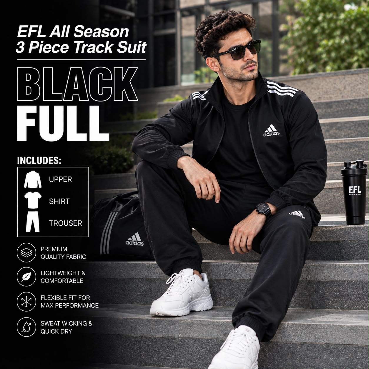 EFL Premium – 3 pc full plain black track suit all season (men)